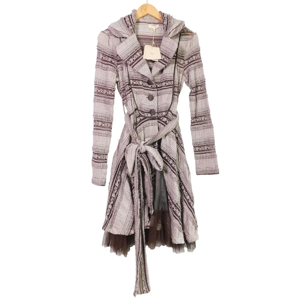 Ryu Textured Knit Tulle Hem Trench Coat Jacket Womens Large NWT